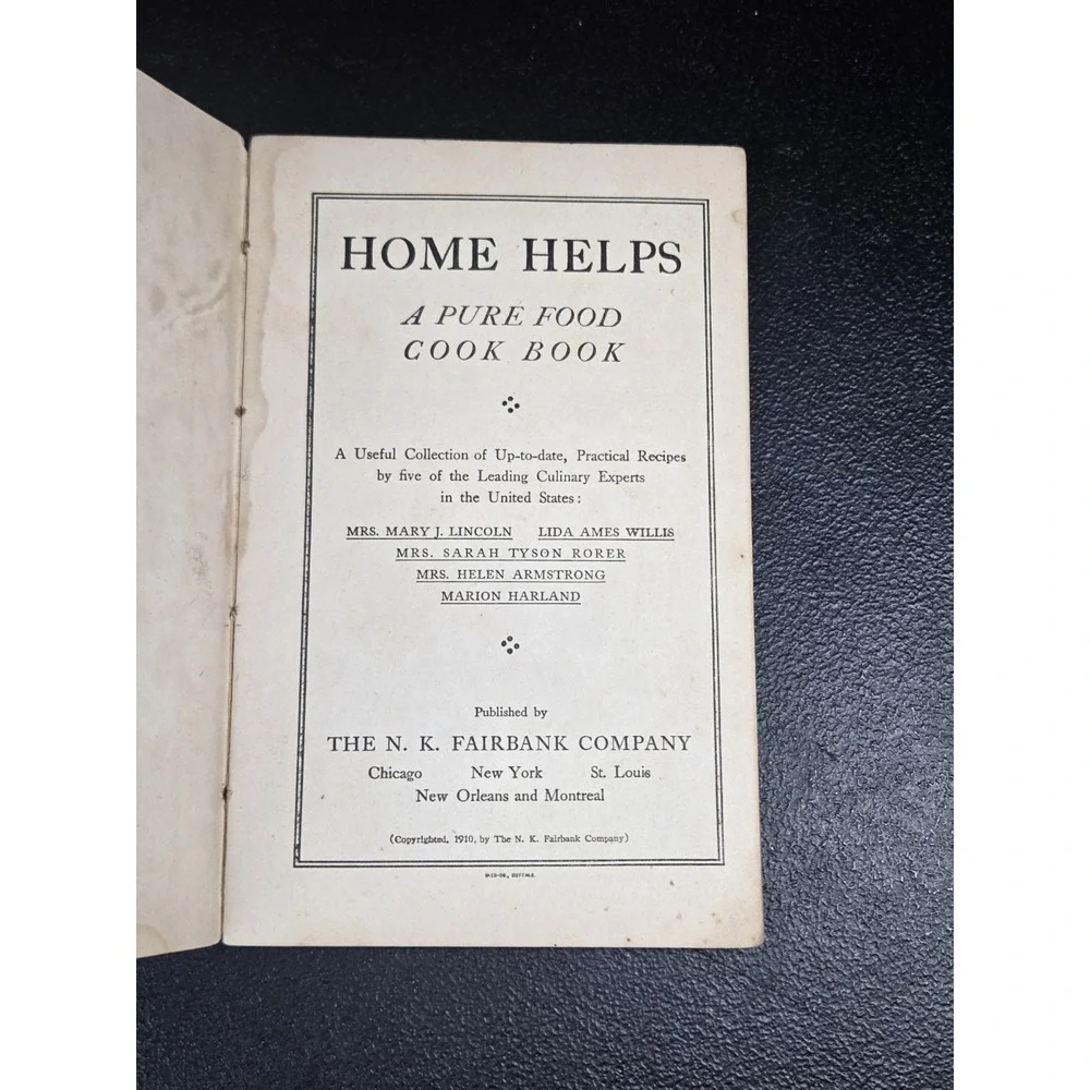 Home Helps A Pure Food Cook Book by NK Fairbank Company - Antique 1910 Paperback